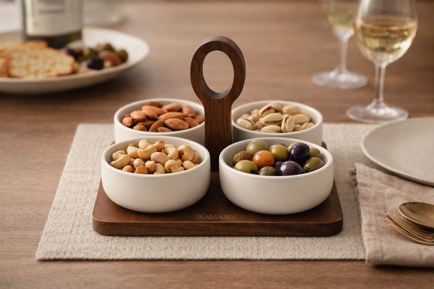 Terra Porseleinen Snackset met Houten Draagplateau – 4-delig