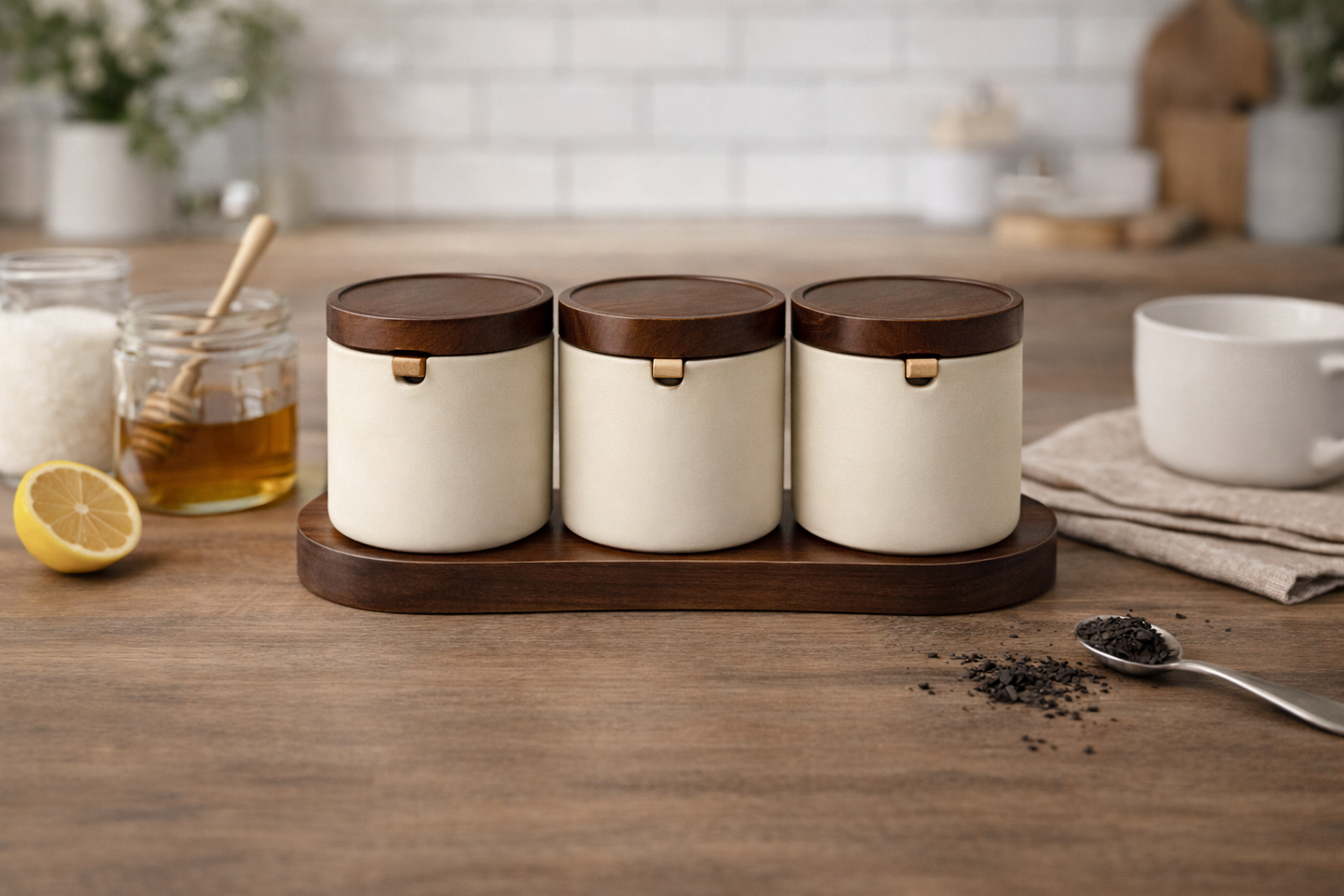 Terra Porseleinen Voorraadpotten Set met Houten Tray – 3-delig