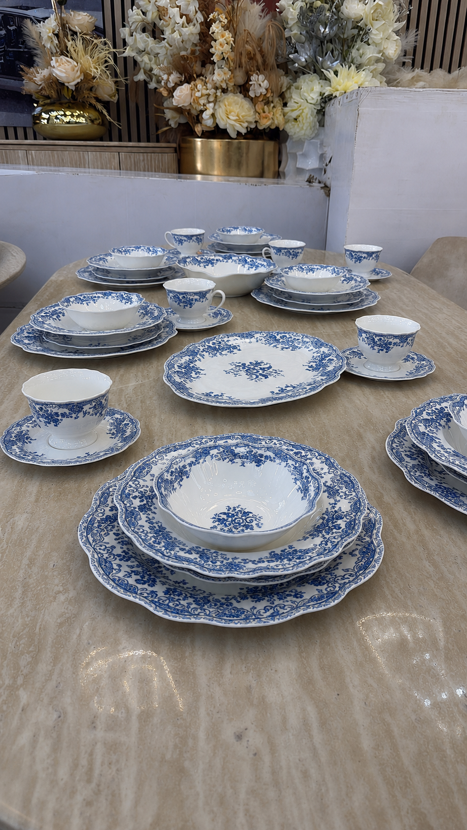 26-delige Porseleinen Serviesset – Blauw Klassiek Bloemenmotief