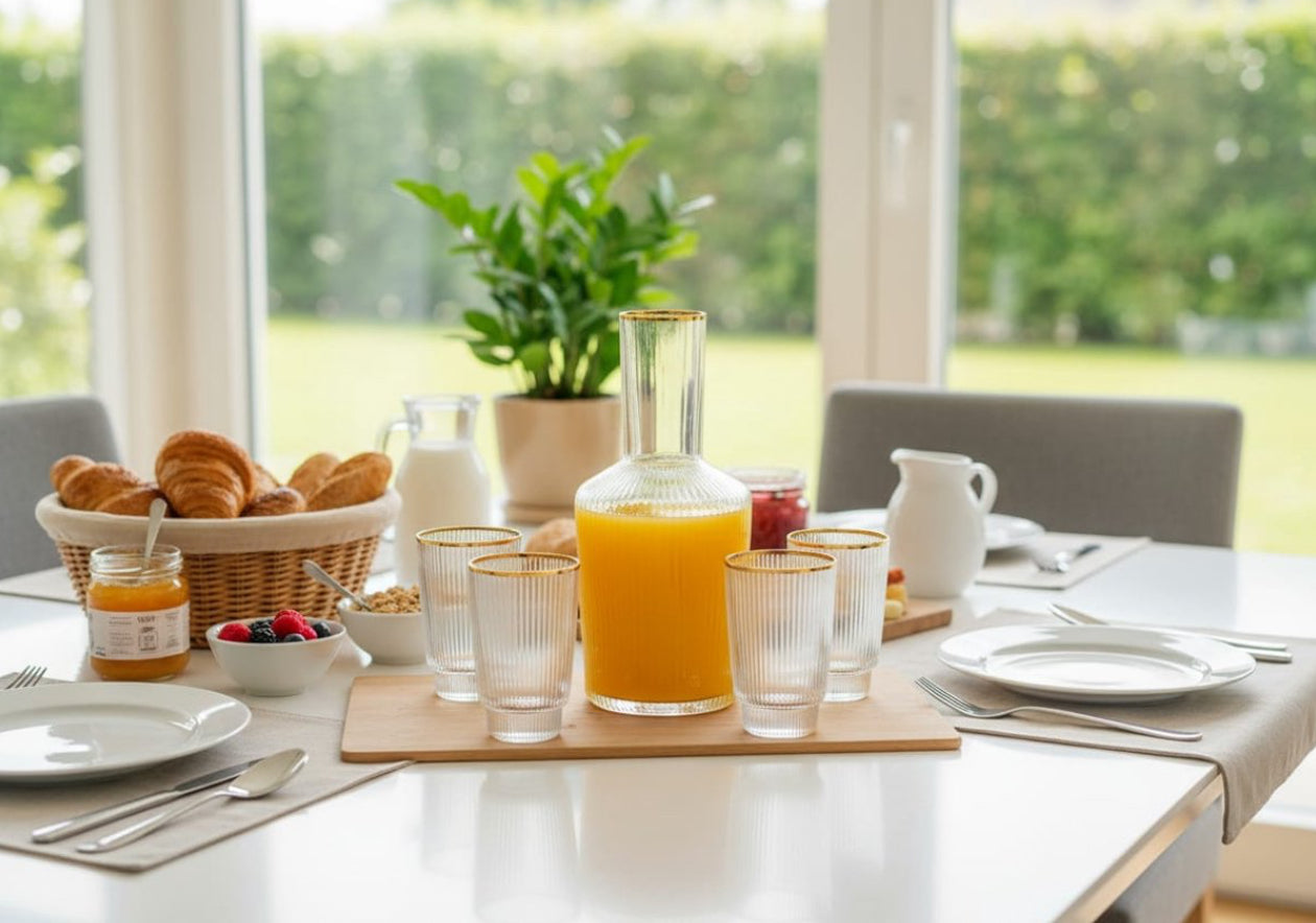 Glazenset met Karaf – Ribbelglas met Gouden Rand (7-delig)