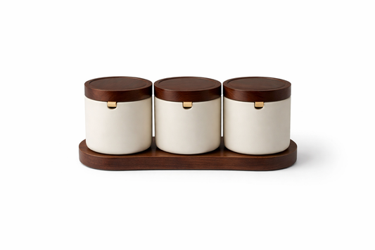 Terra Porseleinen Voorraadpotten Set met Houten Tray – 3-delig