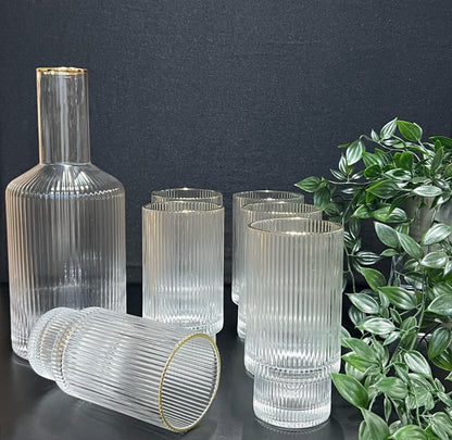 Glazenset met Karaf – Ribbelglas met Gouden Rand (7-delig)