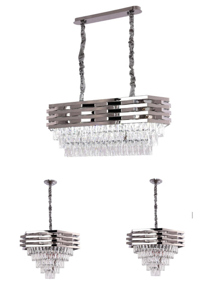 Combi Deal – Luxe Zilveren Kristallen Hanglamp Set (50 cm + 60 cm + Eettafelmodel) | RVS | E14