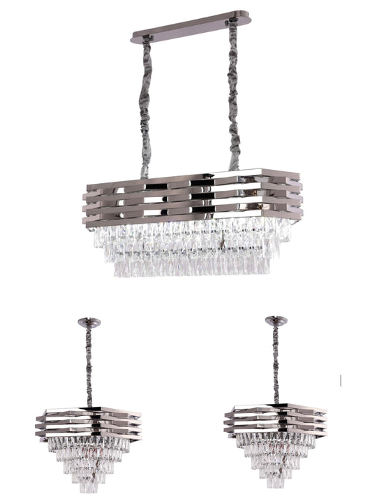 Combi Deal – Luxe Zilveren Kristallen Hanglamp Set (50 cm + 60 cm + Eettafelmodel) | RVS | E14