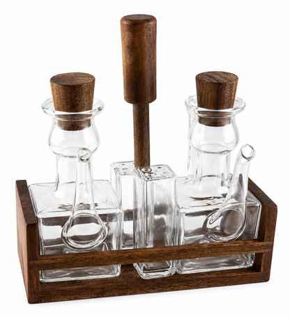 Olie, Azijn, Peper & Zout Set met Houten Houder