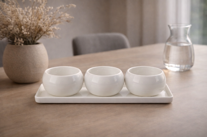 Porseleinen Snackset met 3 Kommetjes en Schaal – Wit