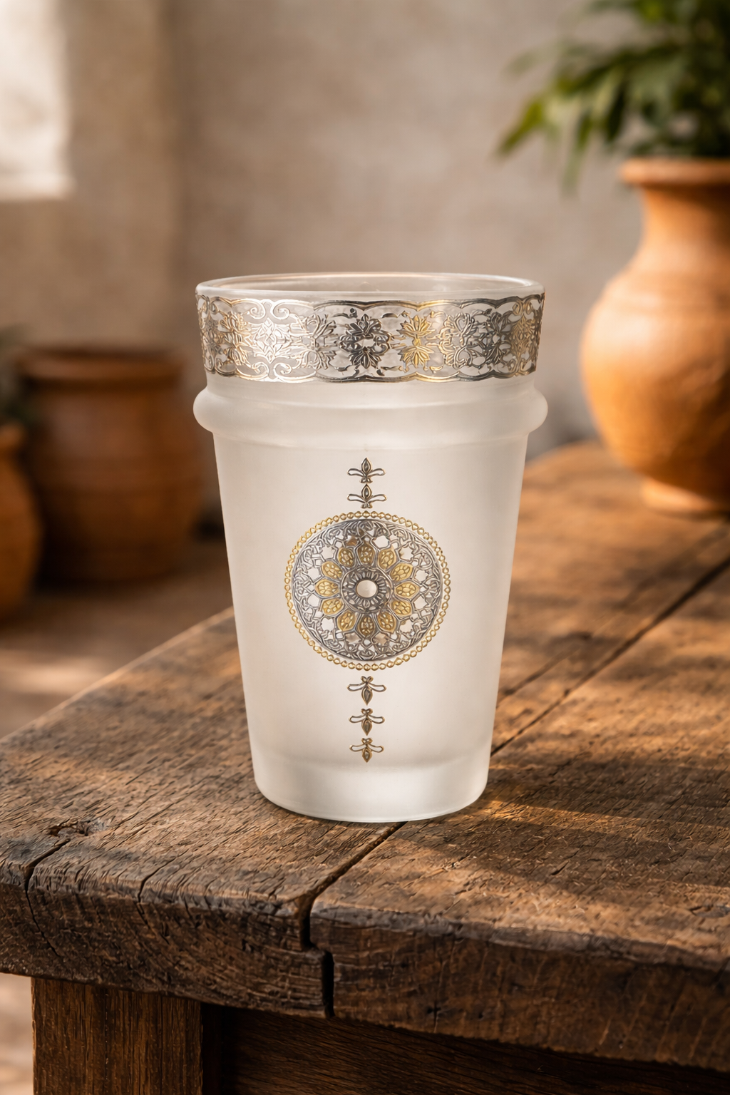 Theeglazen – Mat Glas met Zilveren Decoratie