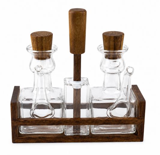 Olie, Azijn, Peper & Zout Set met Houten Houder