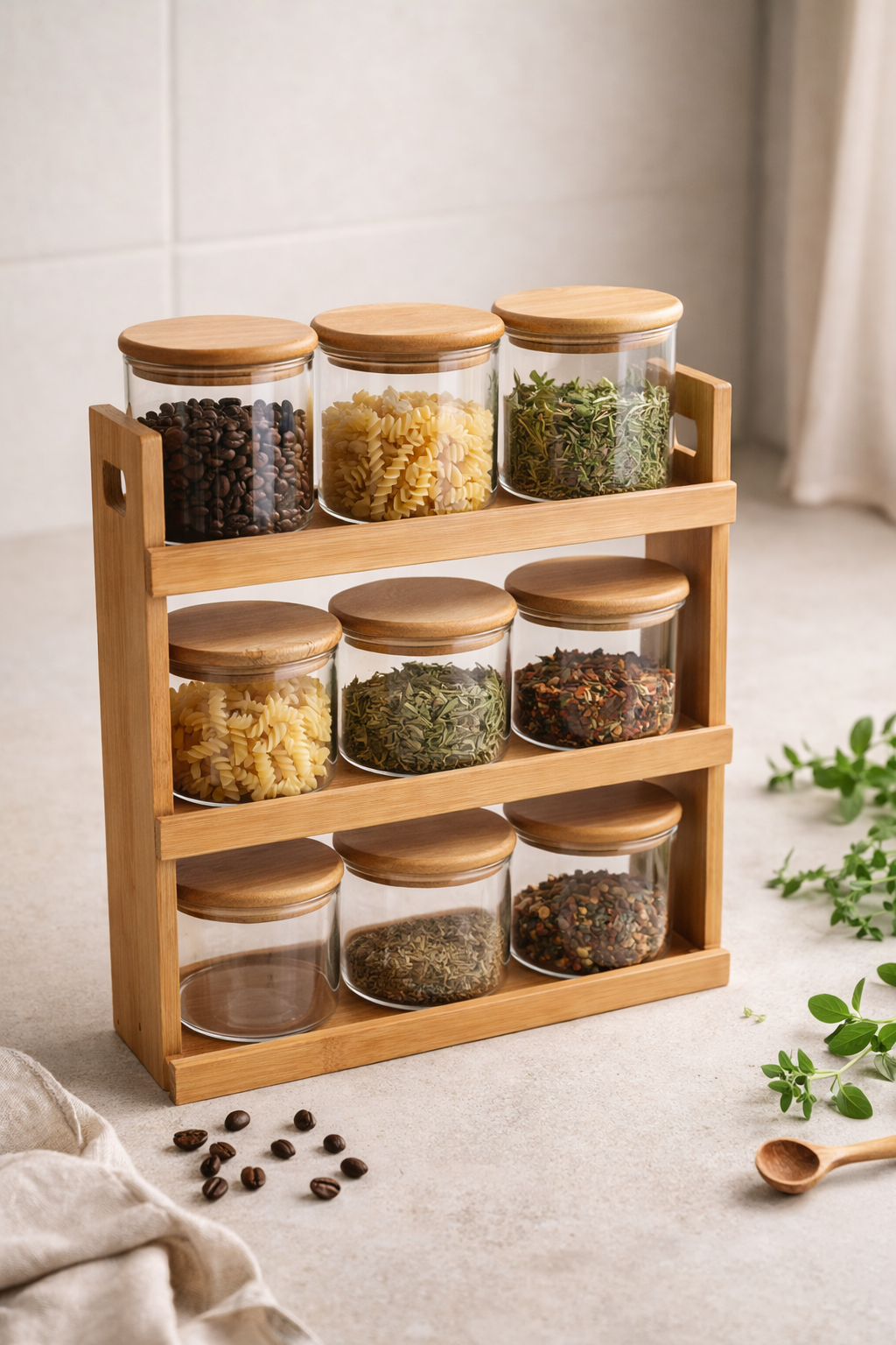 Glazen Voorraadpotten met Houten Rek – Borosilicaat Glas