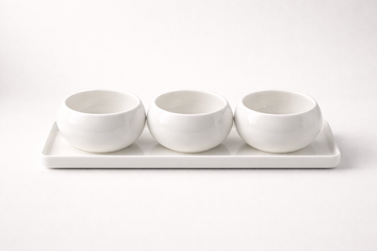 Porseleinen Snackset met 3 Kommetjes en Schaal – Wit