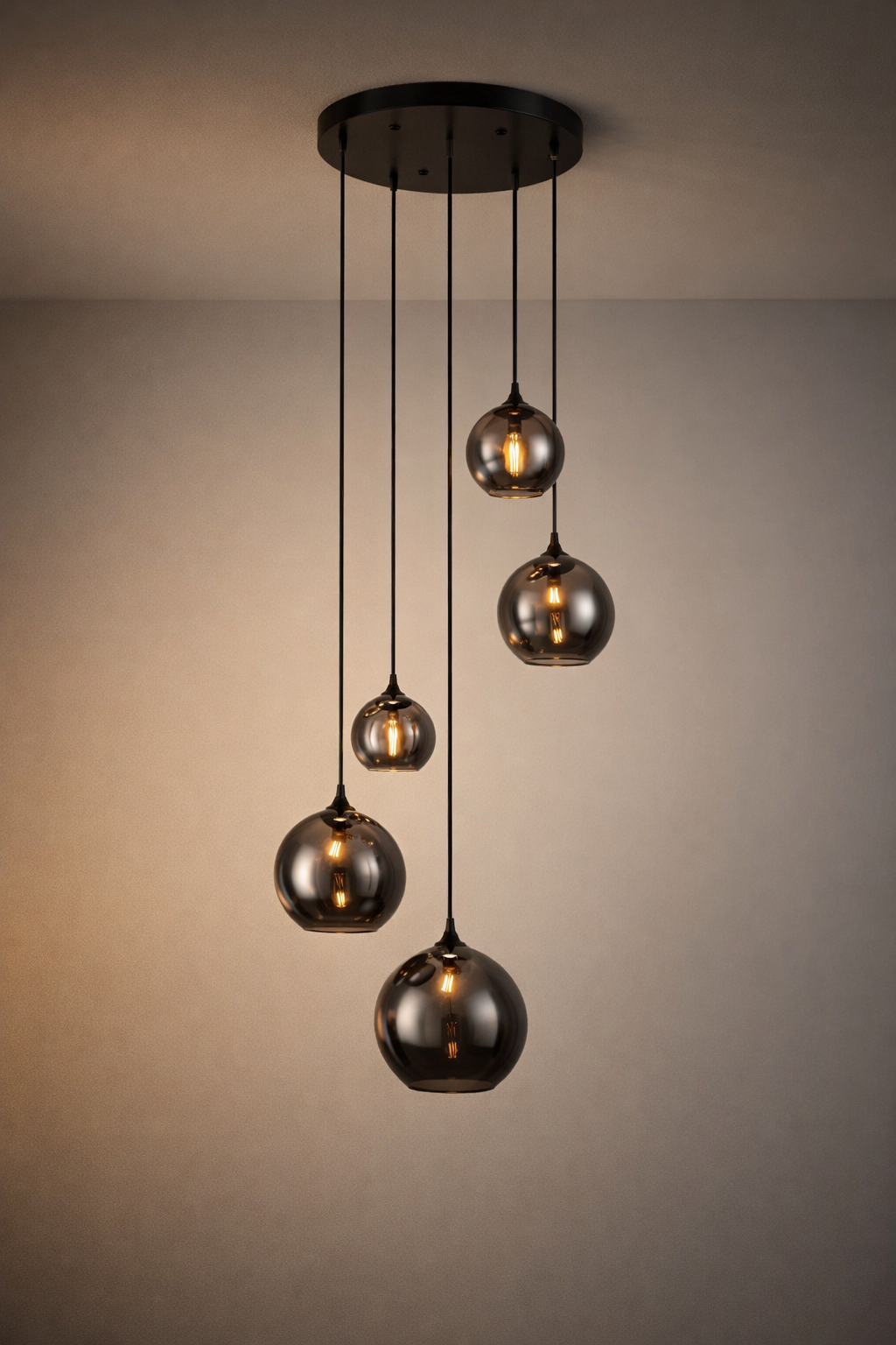 Hanglamp met 5 Smoke Glazen Bollen – Zwart