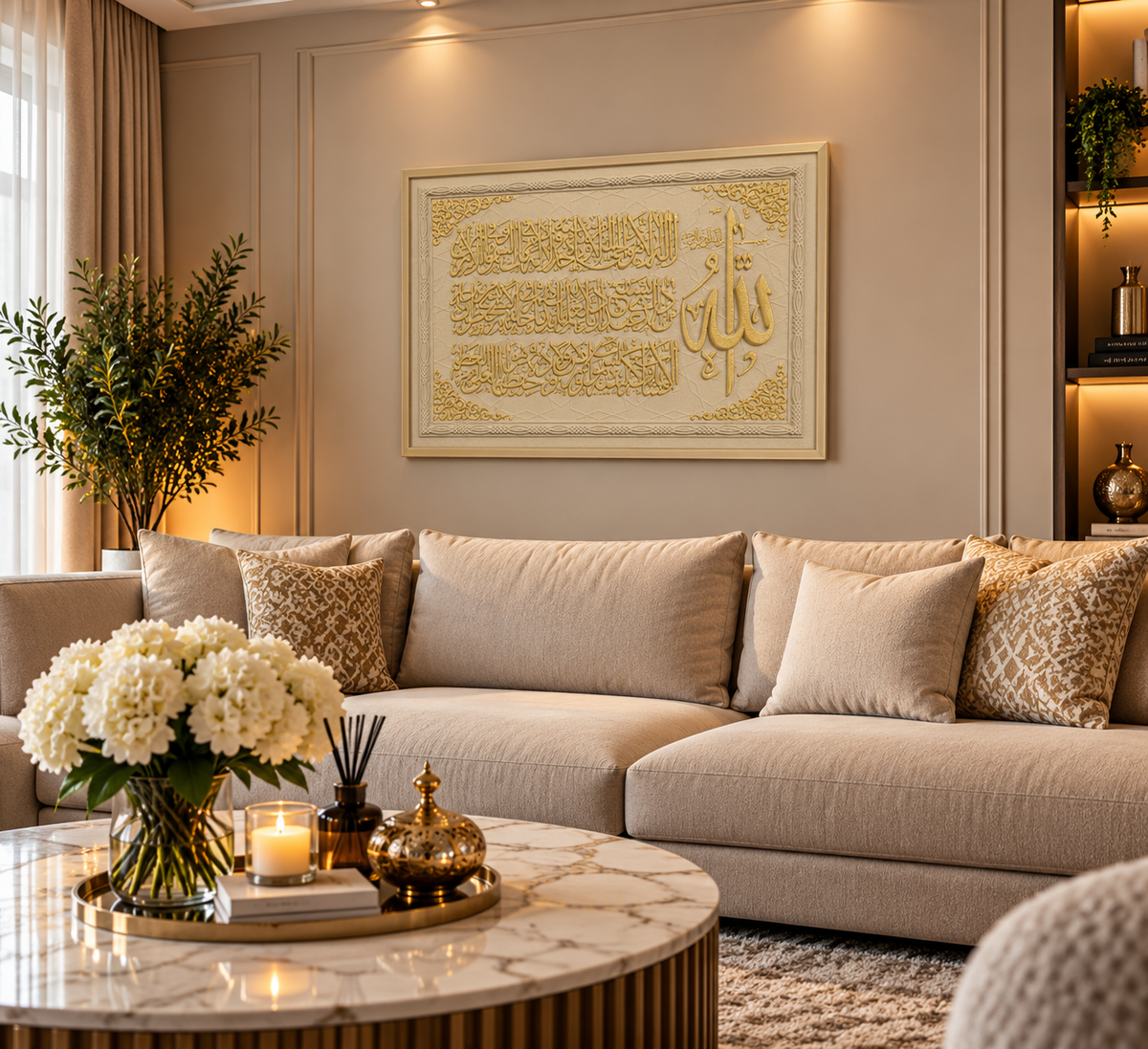 Wanddecoratie met Arabische Kalligrafie – Goud & Crème | 90 × 60 cm ALLEEN AFHALEN