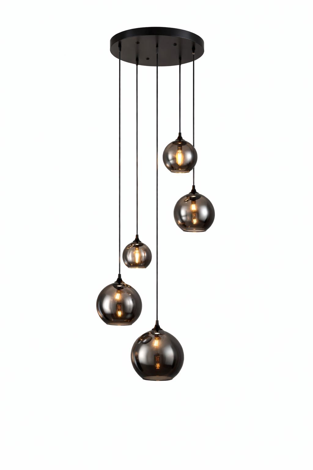 Hanglamp met 5 Smoke Glazen Bollen – Zwart