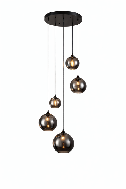 Hanglamp met 5 Smoke Glazen Bollen – Zwart