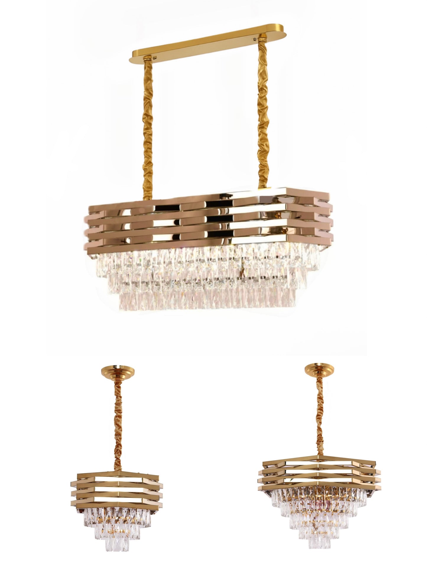 Combi Deal – Luxe Gouden Kristallen Hanglampen (40 cm + 60 cm + Eettafelmodel) | RVS | E14 Fitting