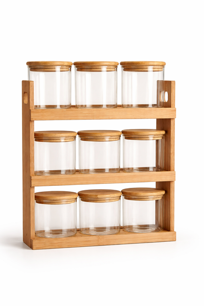 Glazen Voorraadpotten met Houten Rek – Borosilicaat Glas