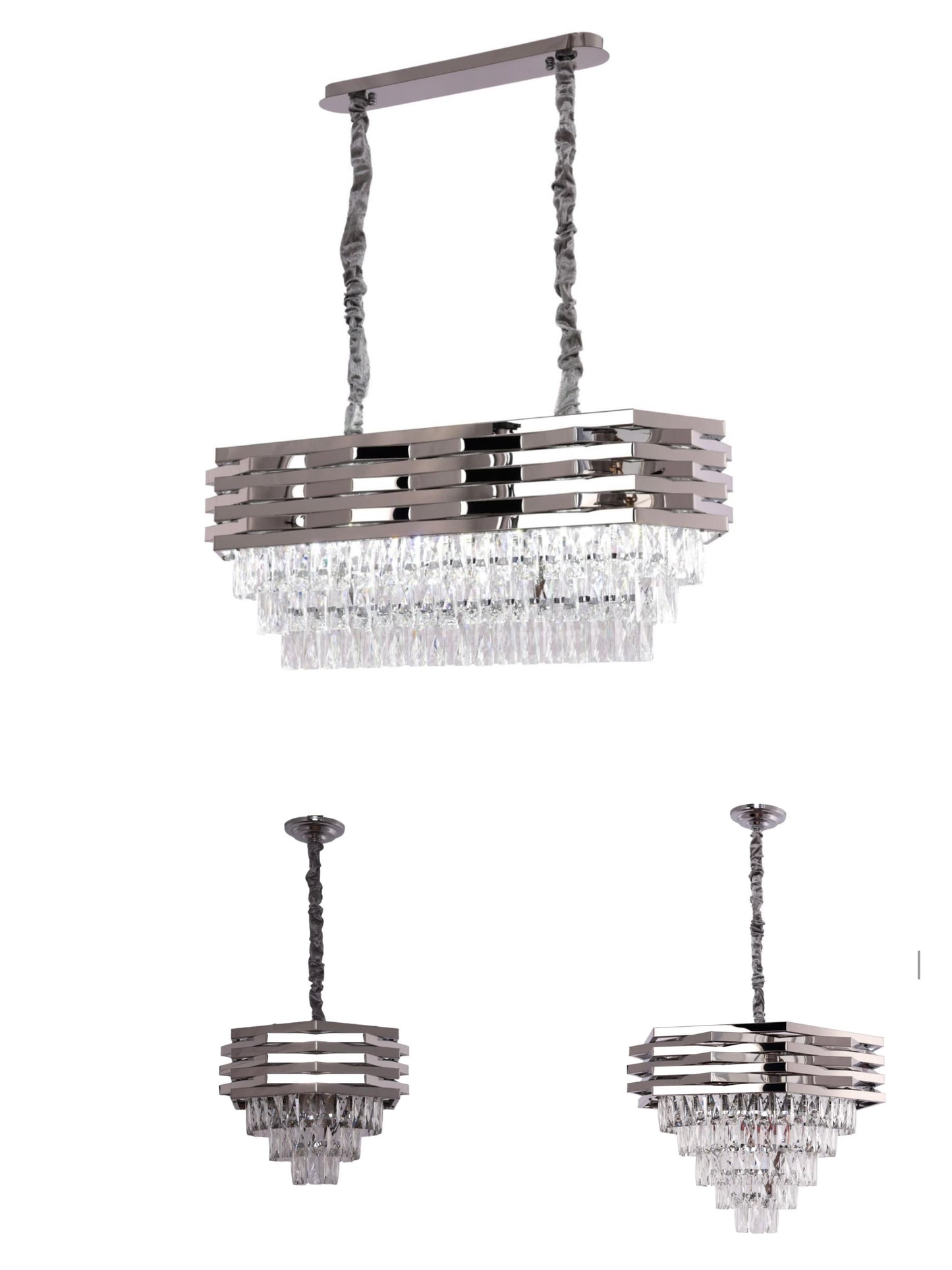 Combi Deal – Luxe Zilveren Kristallen Hanglamp Set (40 cm + 60 cm + Eettafelmodel) | RVS | E14