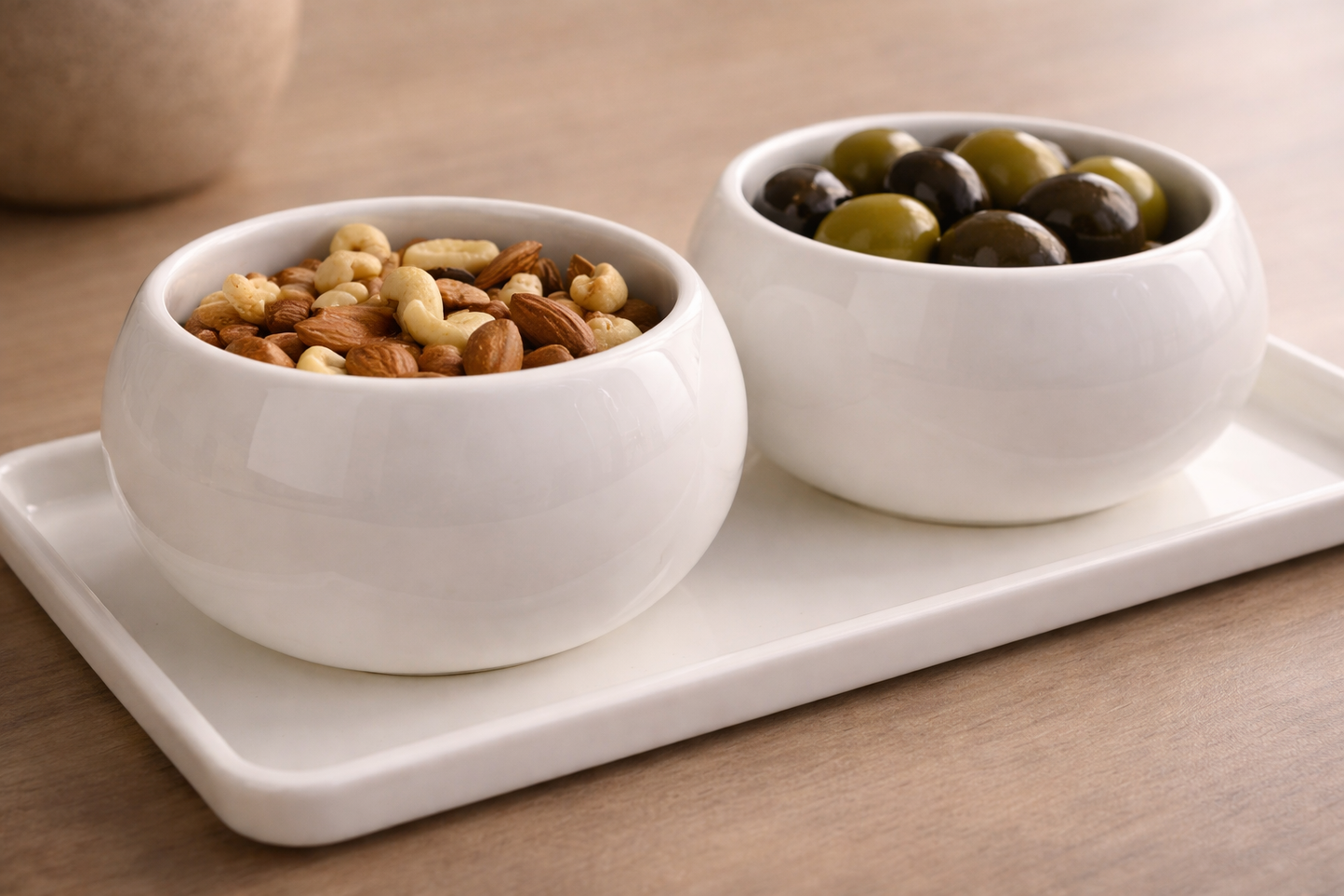 Porseleinen Snackset met 2 Kommetjes en Schaal – Wit