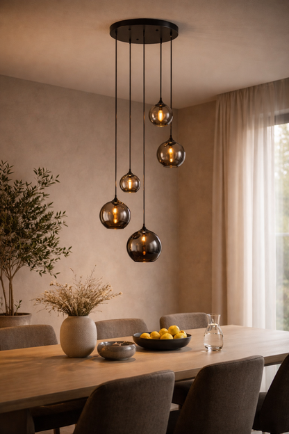 Hanglamp met 5 Smoke Glazen Bollen – Zwart