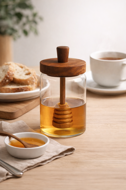 Glazen Honingpot - Houten Deksel en Honinglepel