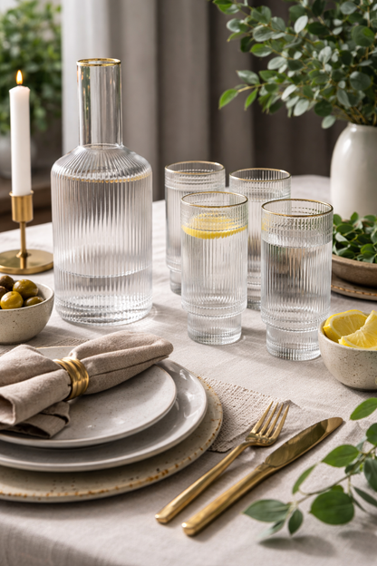 Glazenset met Karaf – Ribbelglas met Gouden Rand (7-delig)