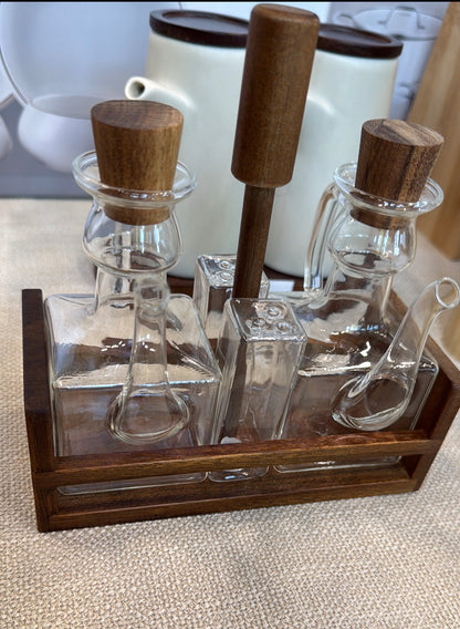 Olie, Azijn, Peper & Zout Set met Houten Houder
