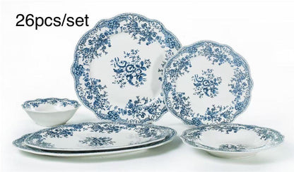 26-delige Porseleinen Serviesset – Blauw Klassiek Bloemenmotief