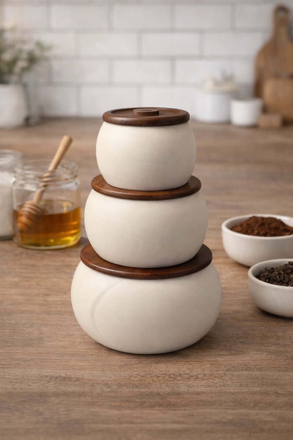 Terra Porseleinen Voorraadpotten Set met Houten Deksels – 3-delig