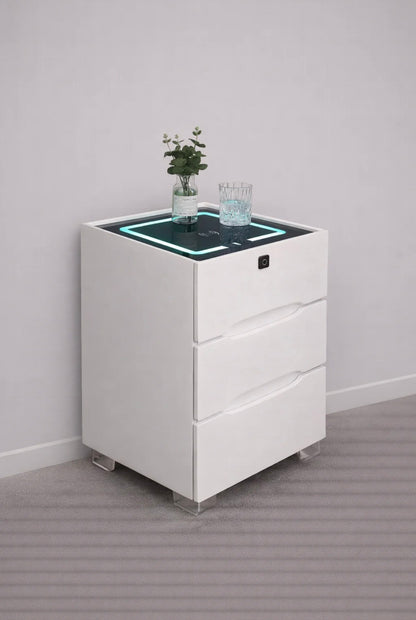 Nachtkastje met LED, Fingerprint & Draadloos Opladen – Wit (ADT Collections)