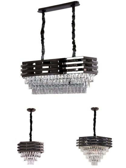 Combi Deal – Luxe Antraciet Kristallen Hanglamp Set (50 cm + 60 cm + Eettafelmodel) | RVS | E14