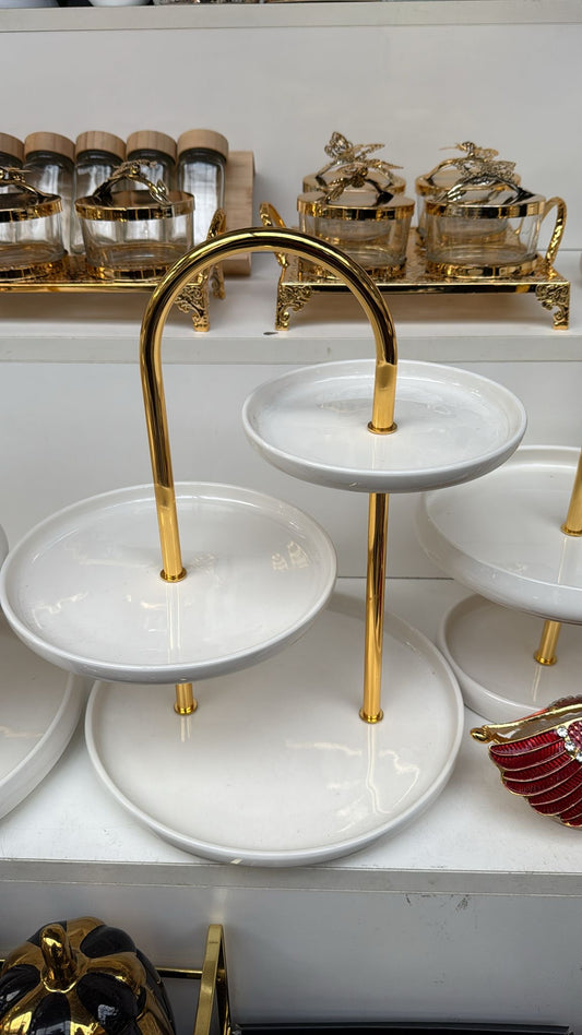 Luxe 3-Laags Etagère – Porselein met Gouden Afwerking