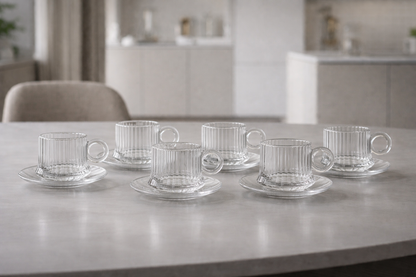 12-delige glazen kopjes met schotels – ribbelglas