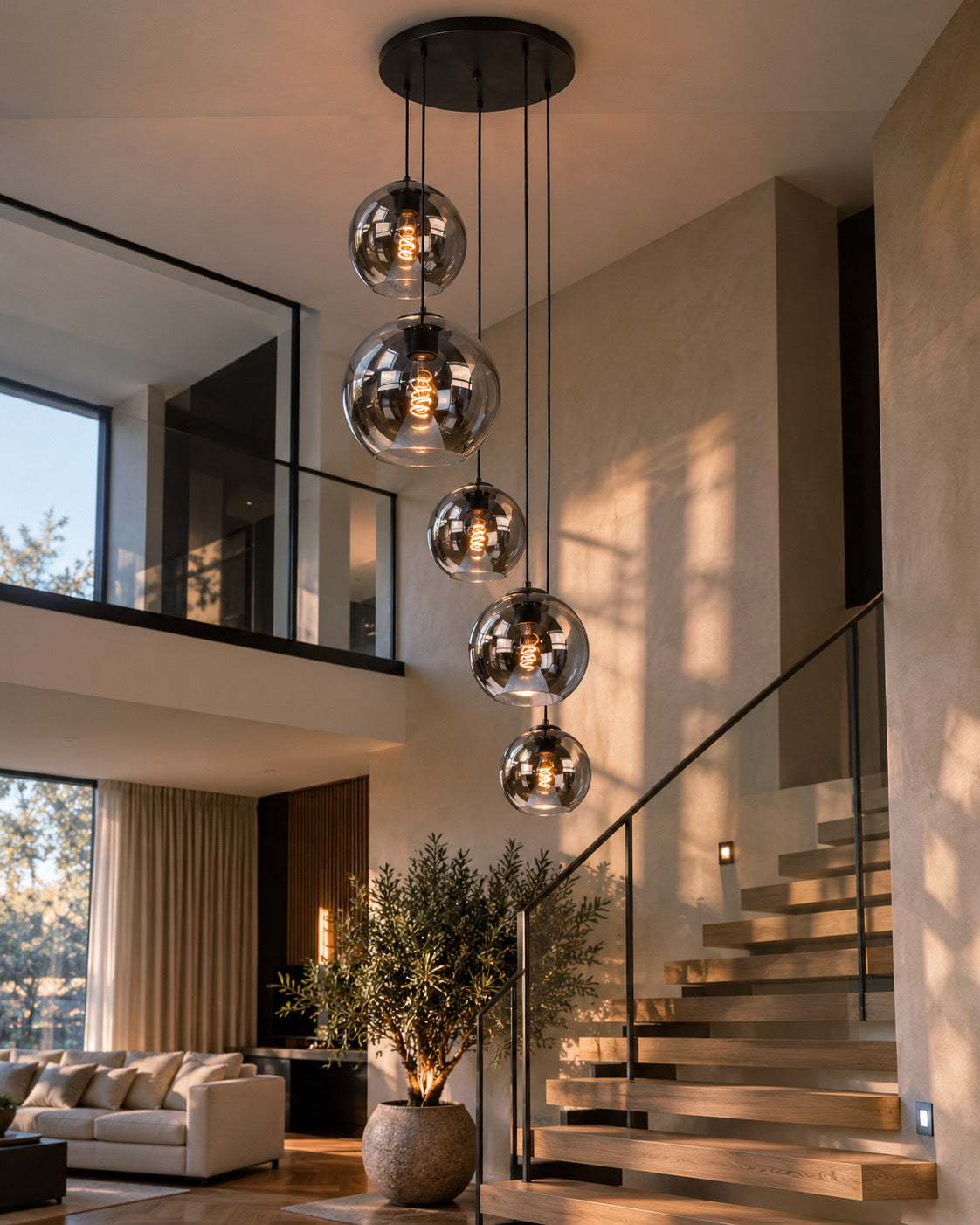 Hanglamp met 5 Smoke Glazen Bollen – Zwart