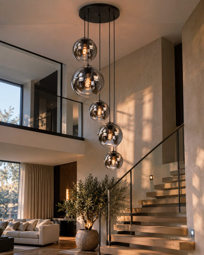 Hanglamp met 5 Smoke Glazen Bollen – Zwart